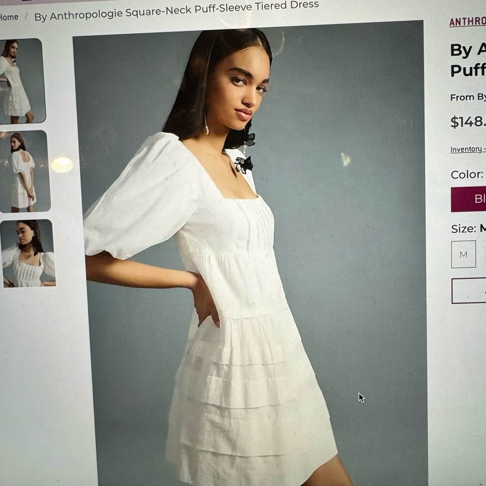 Anthropologie White square-neck puff sleeve tiered dress. Size XS